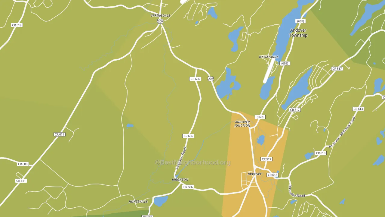 Map of the best neighborhoods in the Andover Junction area, with better matches in green and worse matches in red