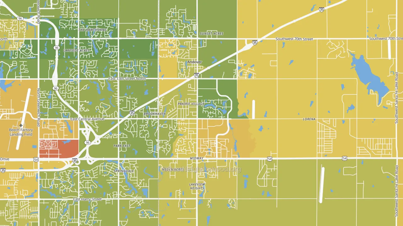 Map of the best neighborhoods in the Andover area, with better matches in green and worse matches in red