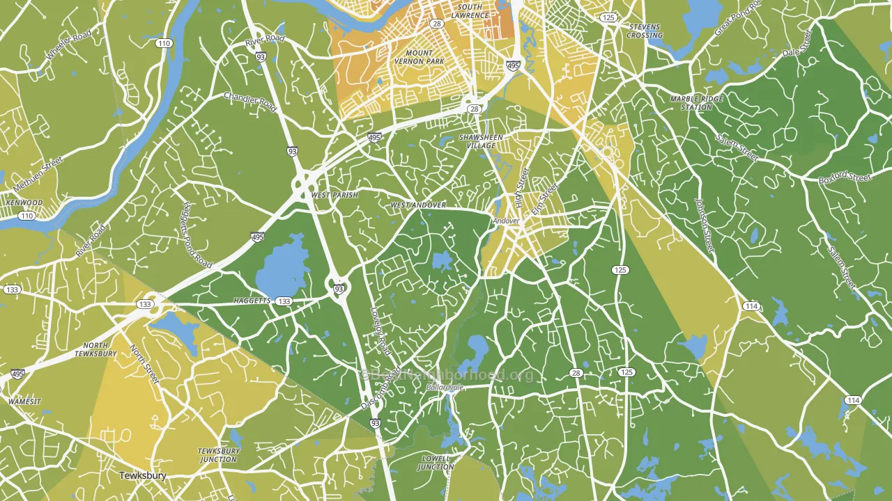 Map of the best neighborhoods in the Andover area, with better matches in green and worse matches in red