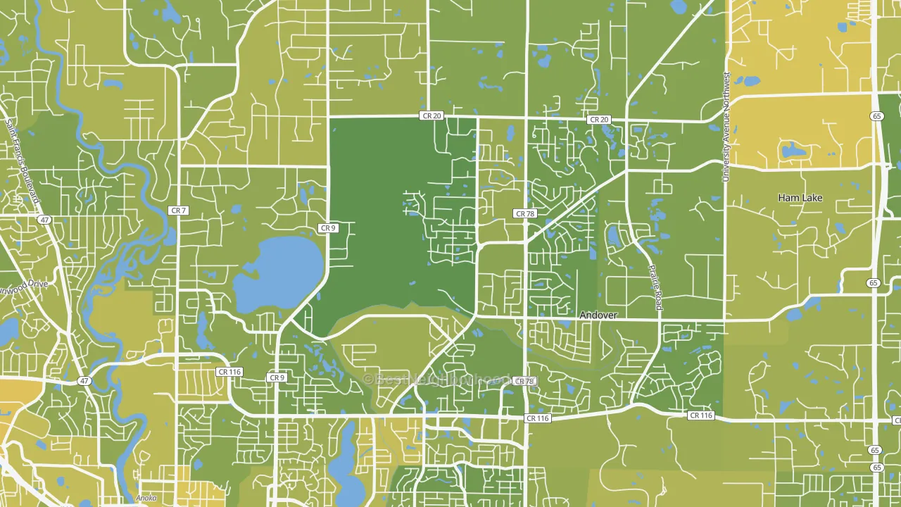 Map of the best neighborhoods in the Andover area, with better matches in green and worse matches in red