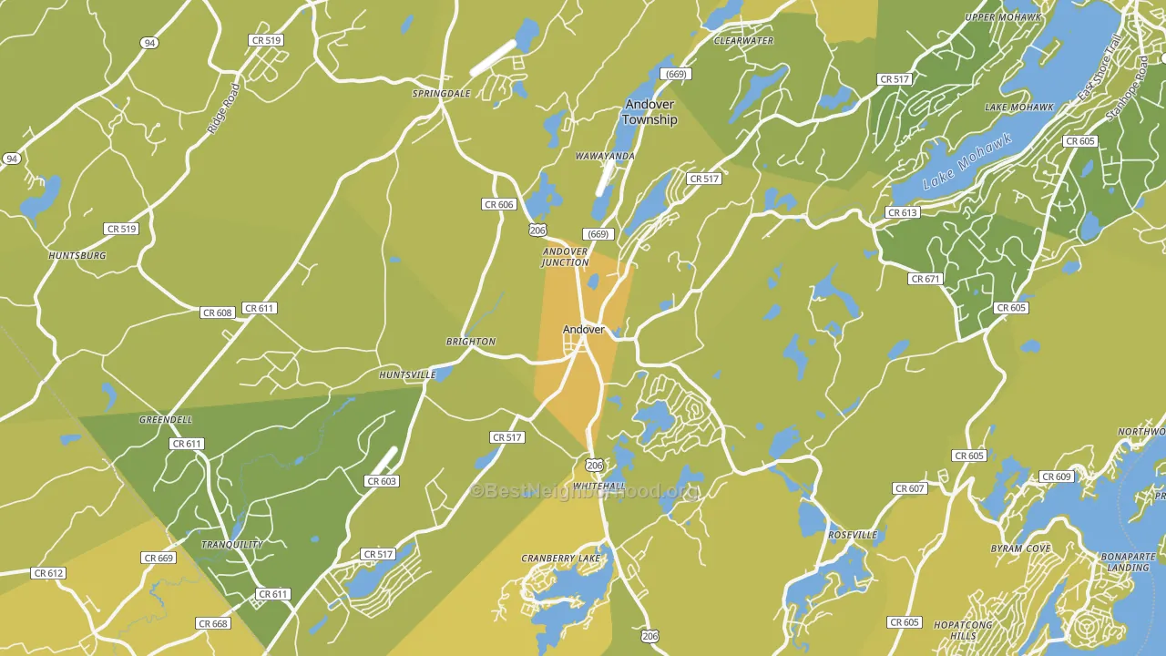 Map of the best neighborhoods in the Andover area, with better matches in green and worse matches in red