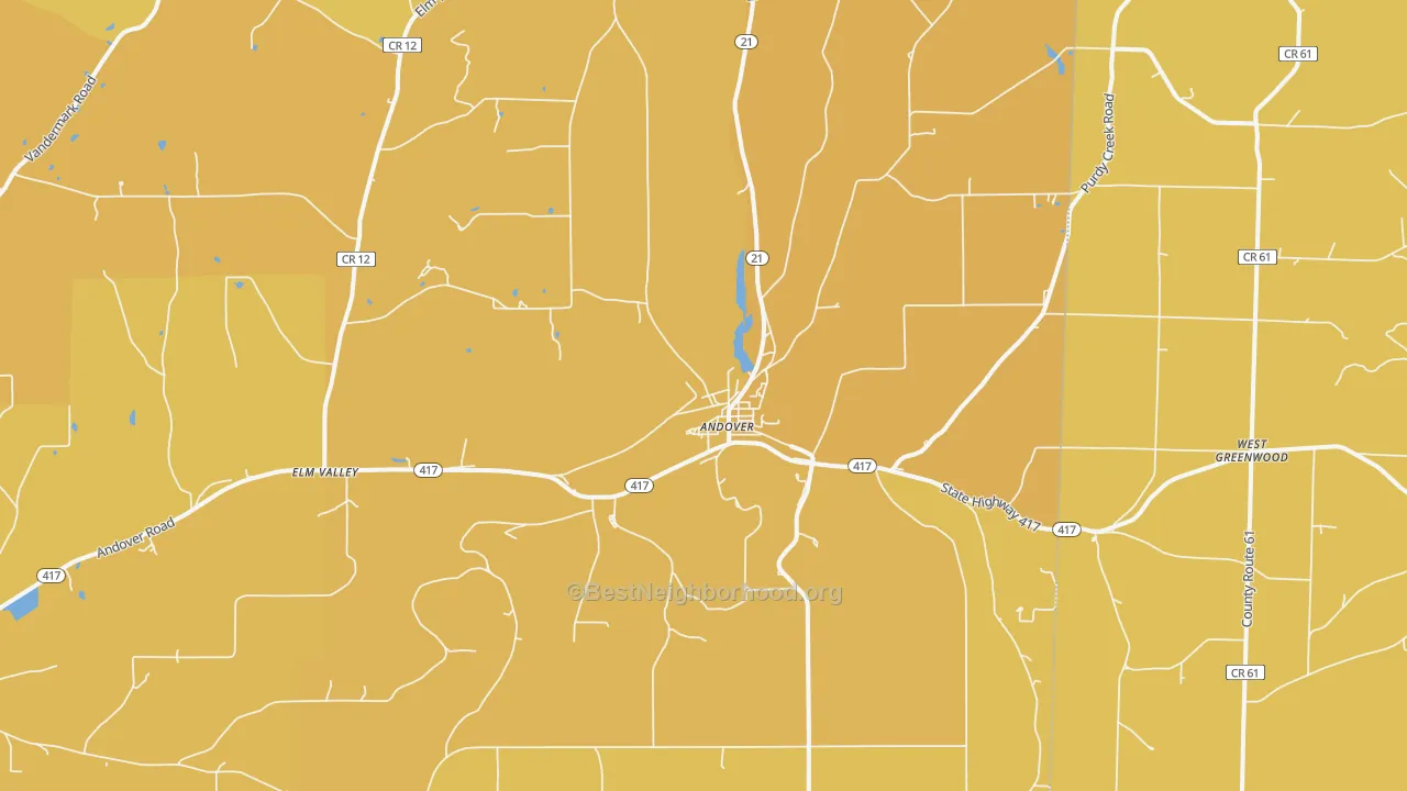 Map of the best neighborhoods in the Andover area, with better matches in green and worse matches in red