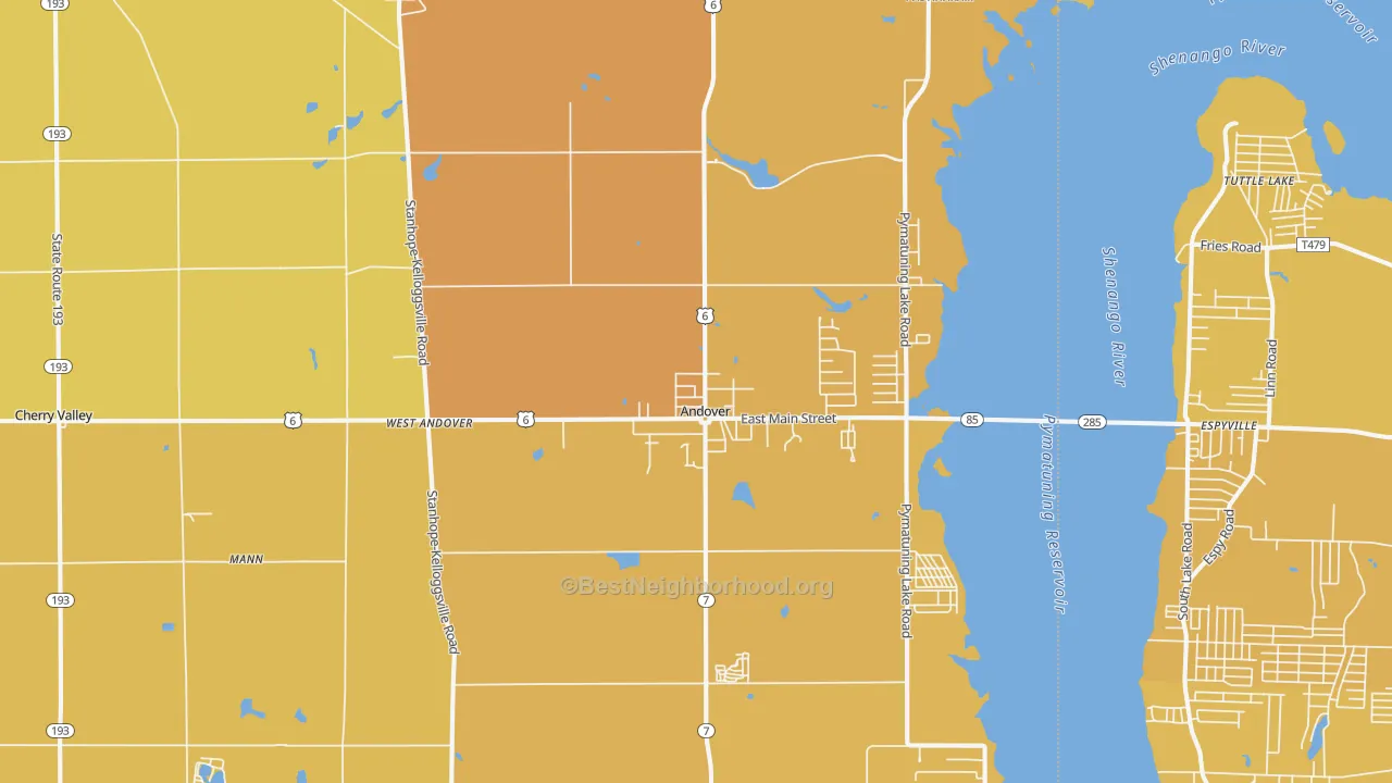 Map of the best neighborhoods in the Andover area, with better matches in green and worse matches in red