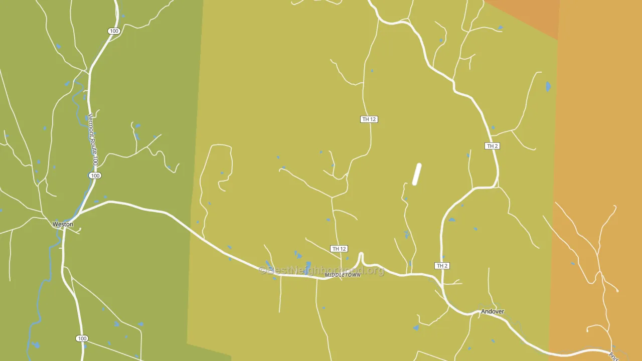 Map of the best neighborhoods in the Andover area, with better matches in green and worse matches in red