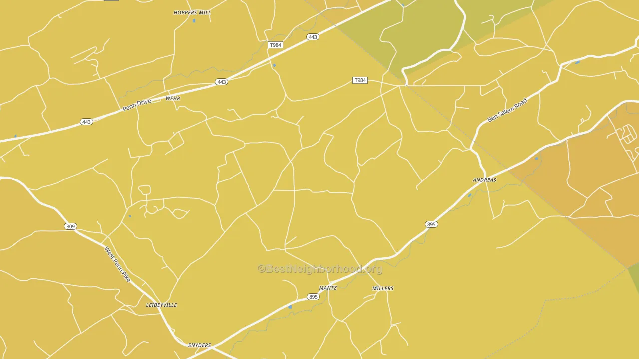 Map of the best neighborhoods in the Andreas area, with better matches in green and worse matches in red