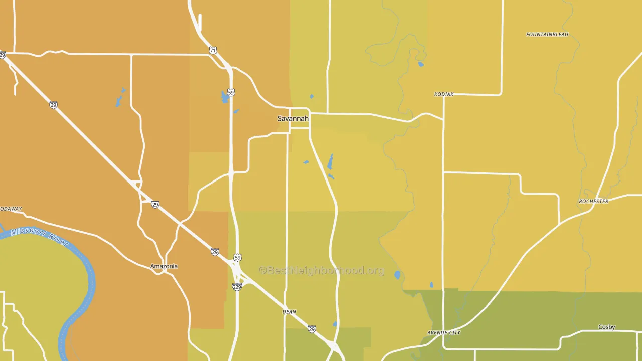 Map of the best neighborhoods in the Andrew County area, with better matches in green and worse matches in red
