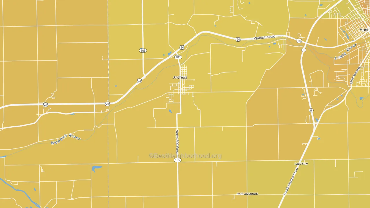 Map of the best neighborhoods in the Andrews area, with better matches in green and worse matches in red