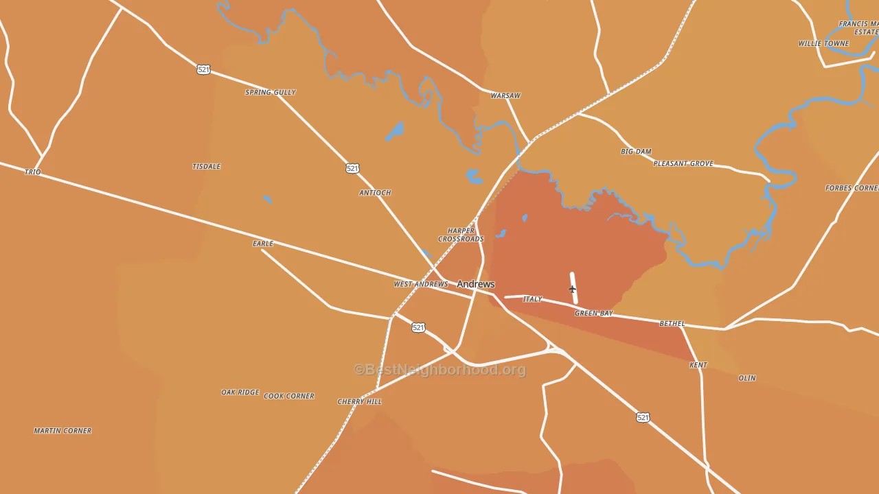 Map of the best neighborhoods in the Andrews area, with better matches in green and worse matches in red