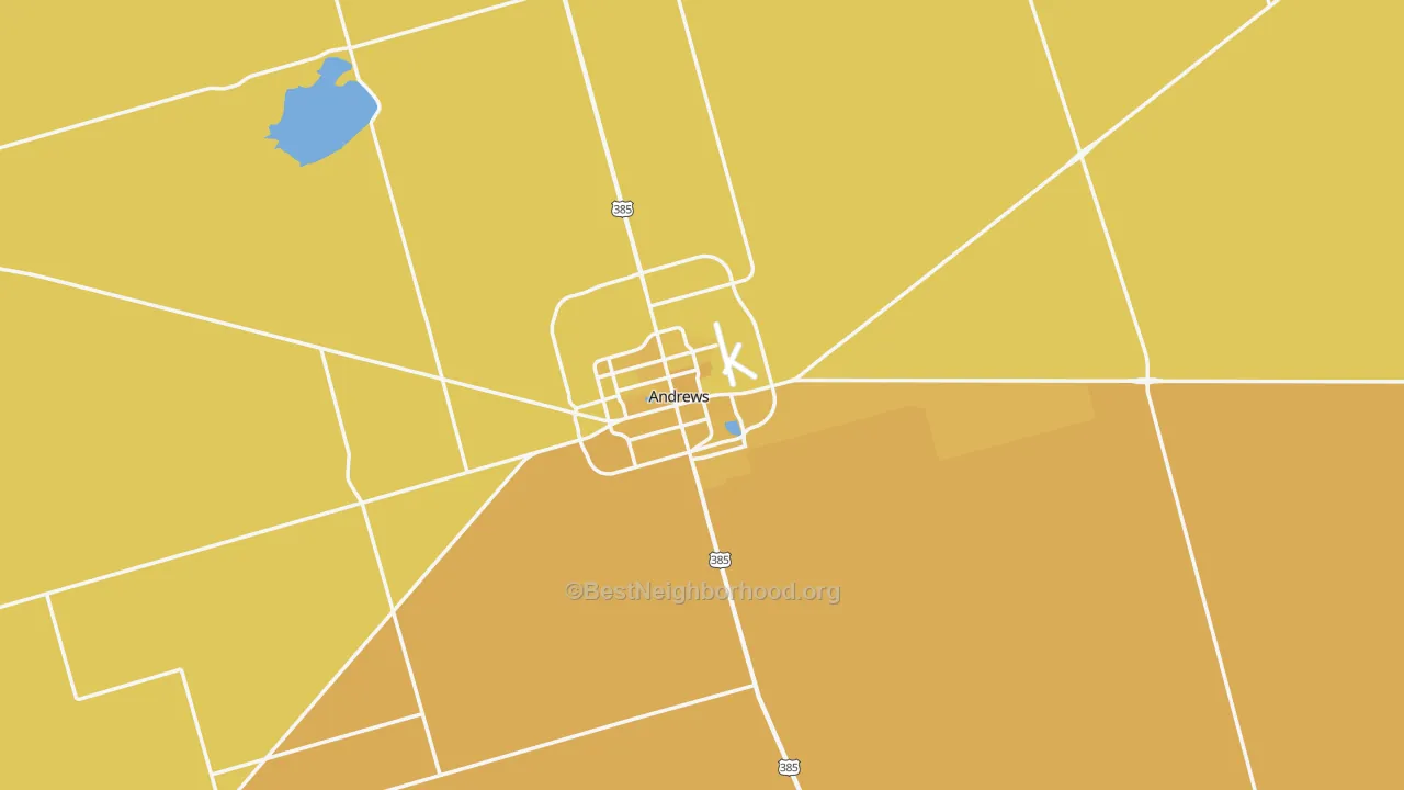 Map of the best neighborhoods in the Andrews area, with better matches in green and worse matches in red