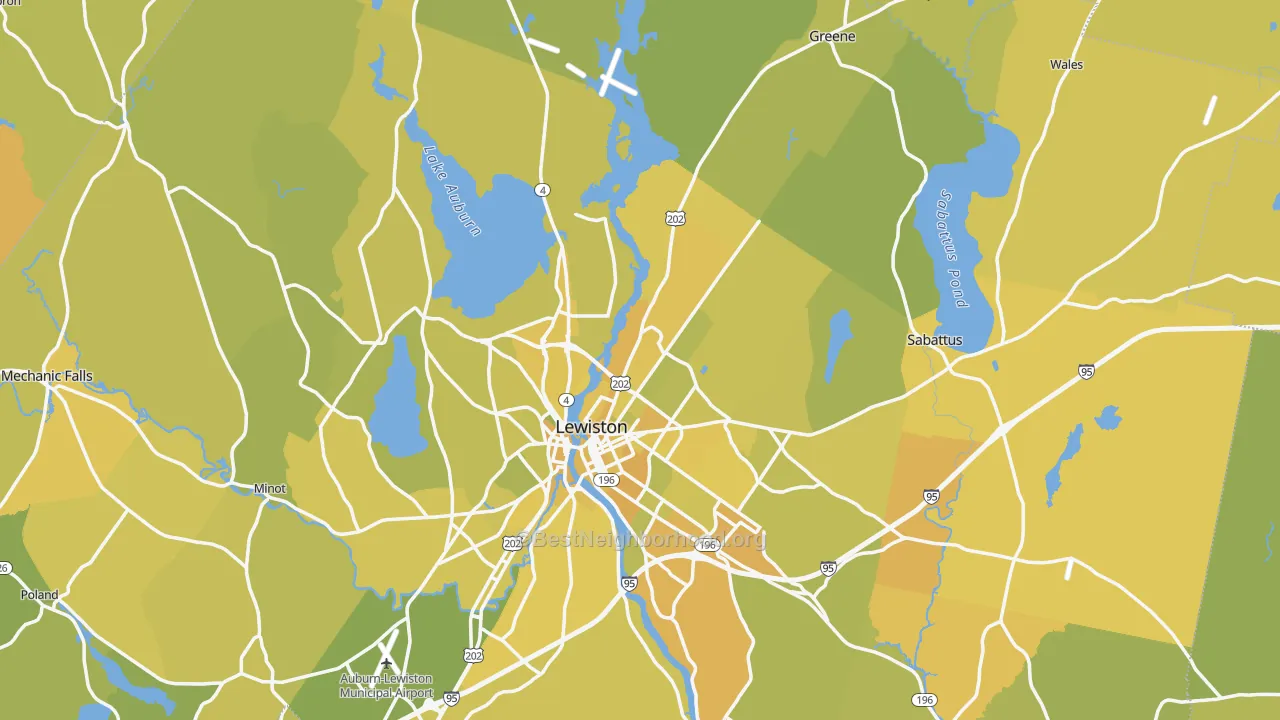 Map of the best neighborhoods in the Androscoggin County area, with better matches in green and worse matches in red