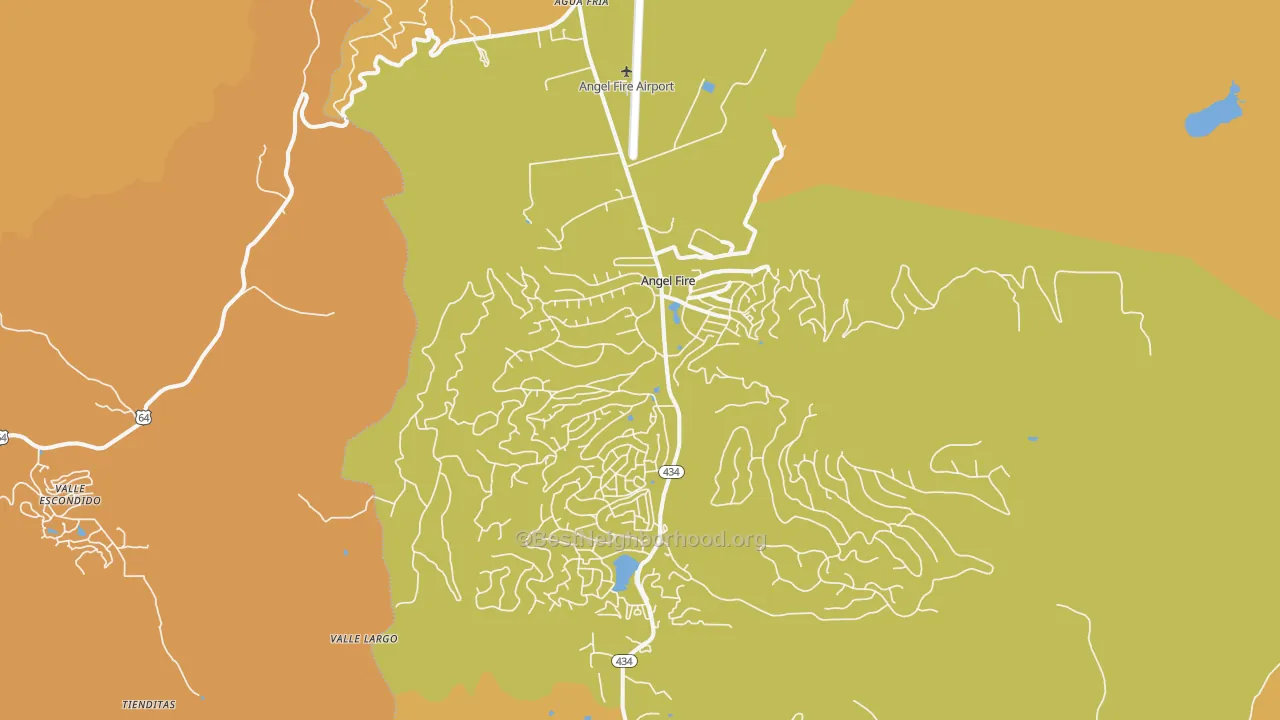 Map of the best neighborhoods in the Angel Fire area, with better matches in green and worse matches in red
