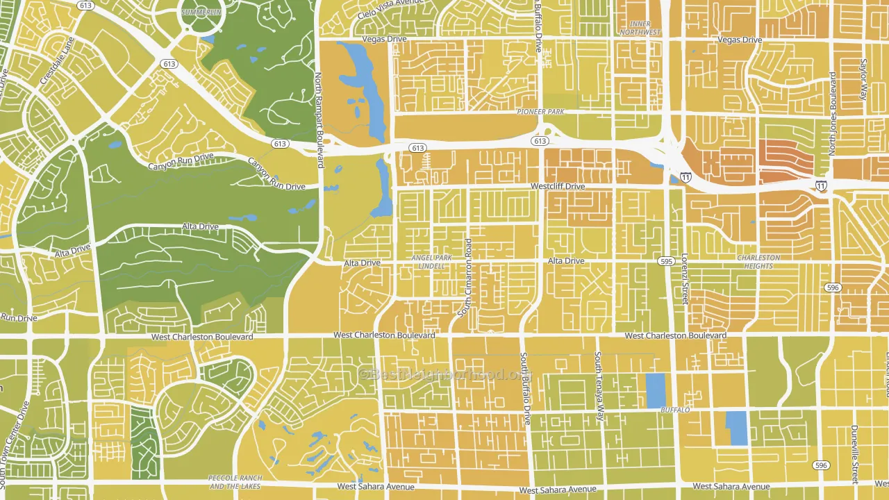 Map of the best neighborhoods in the Angel Park Lindell, Las Vegas area, with better matches in green and worse matches in red