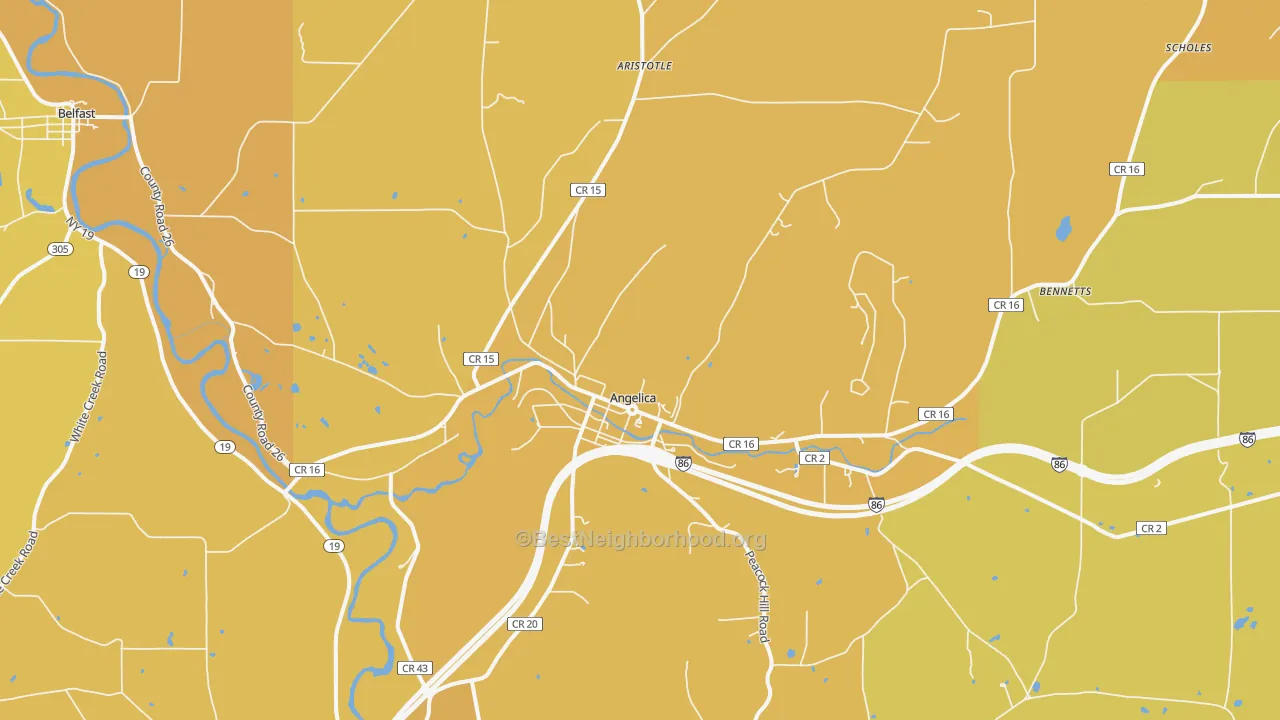 Map of the best neighborhoods in the Angelica area, with better matches in green and worse matches in red