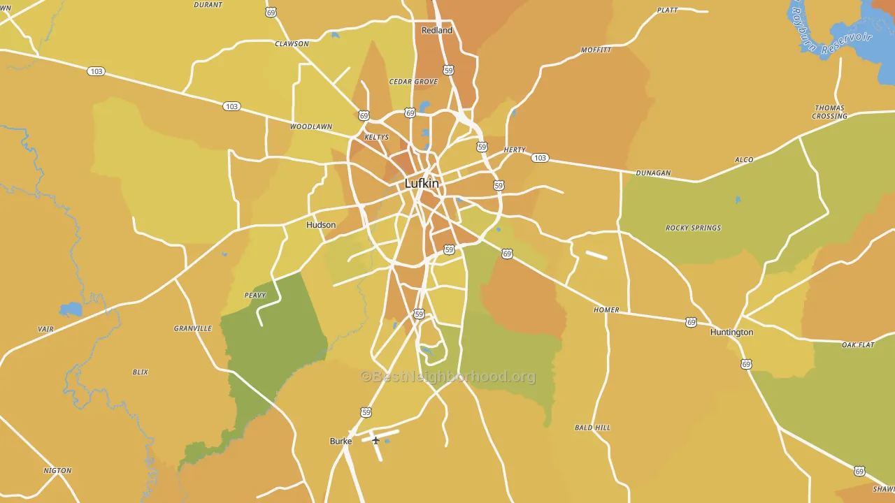 Map of the best neighborhoods in the Angelina County area, with better matches in green and worse matches in red
