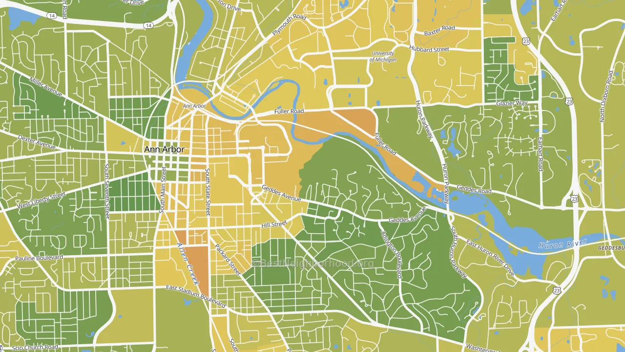 Map of the best neighborhoods in the Angells, Ann Arbor area, with better matches in green and worse matches in red