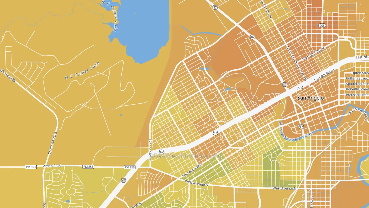 Map of the best neighborhoods in the Angelo Heights, San Angelo area, with better matches in green and worse matches in red