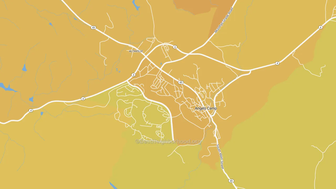 Map of the best neighborhoods in the Angels area, with better matches in green and worse matches in red