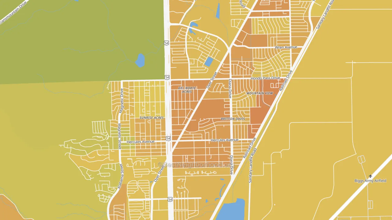 Map of the best neighborhoods in the Angels Triangle, El Paso area, with better matches in green and worse matches in red