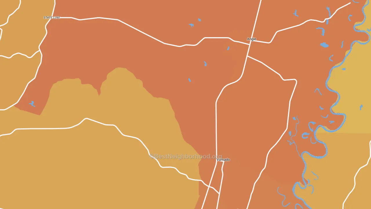 Map of the best neighborhoods in the Angie area, with better matches in green and worse matches in red