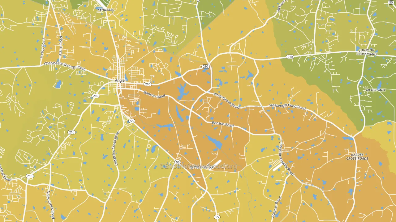 Map of the best neighborhoods in the Angier area, with better matches in green and worse matches in red