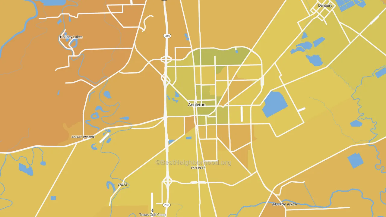Map of the best neighborhoods in the Angleton area, with better matches in green and worse matches in red