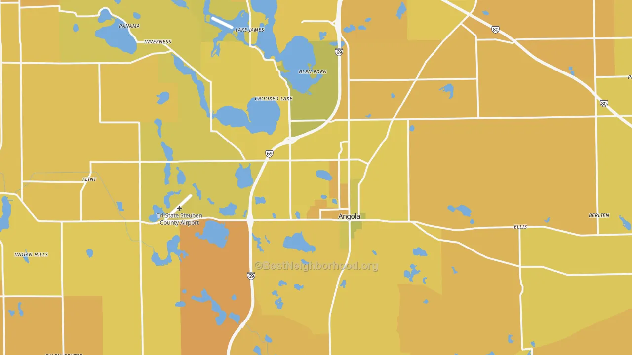 Map of the best neighborhoods in the Angola area, with better matches in green and worse matches in red