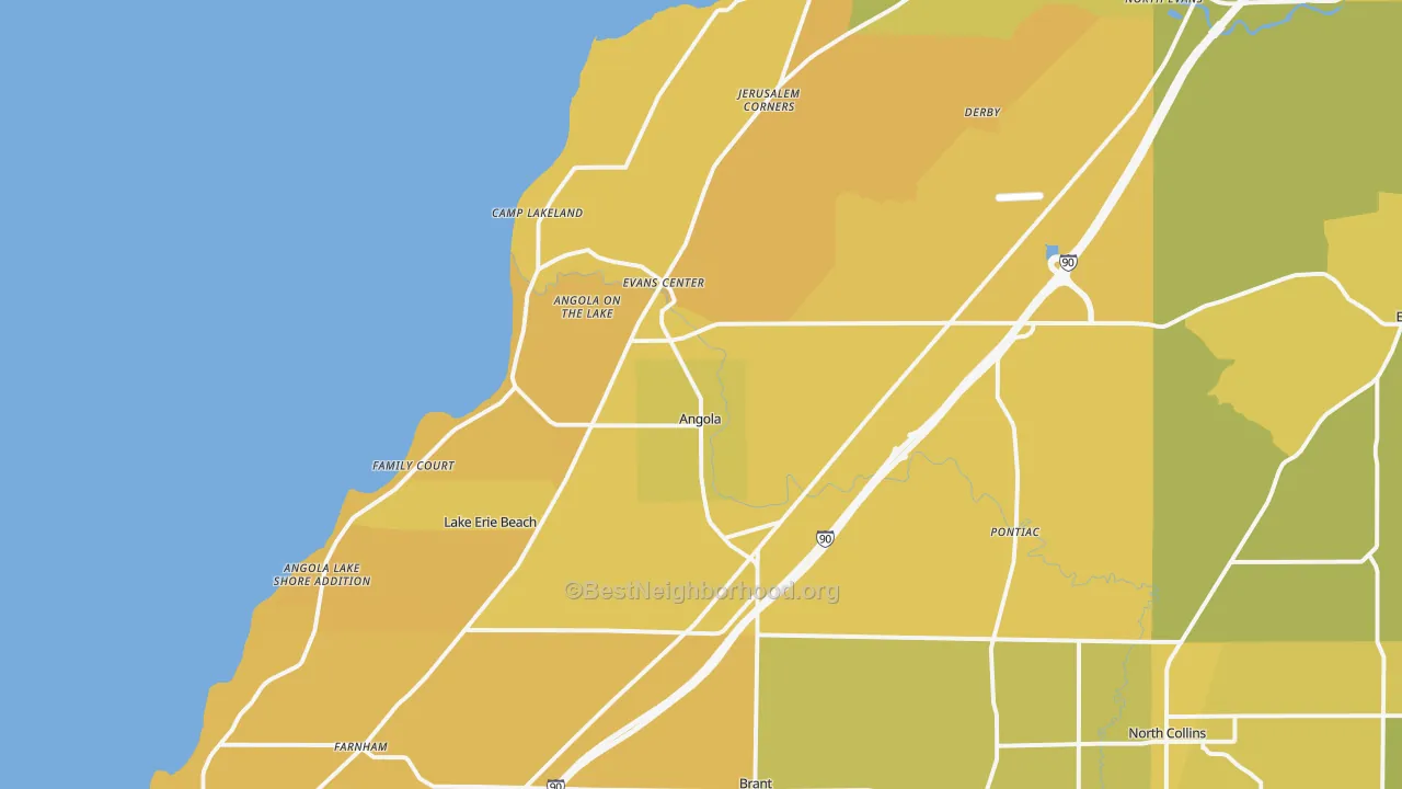 Map of the best neighborhoods in the Angola area, with better matches in green and worse matches in red