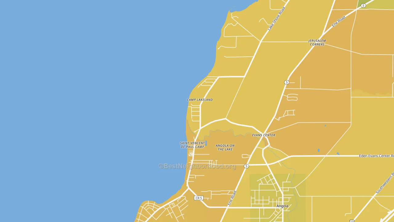 Map of the best neighborhoods in the Angola on the Lake area, with better matches in green and worse matches in red