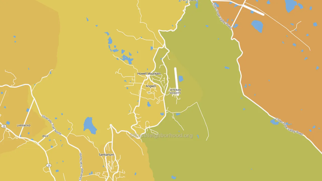 Map of the best neighborhoods in the Angwin area, with better matches in green and worse matches in red