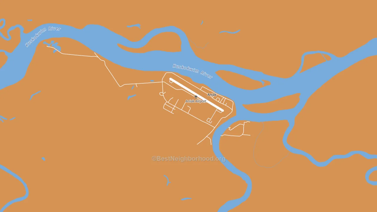 Map of the best neighborhoods in the Aniak area, with better matches in green and worse matches in red