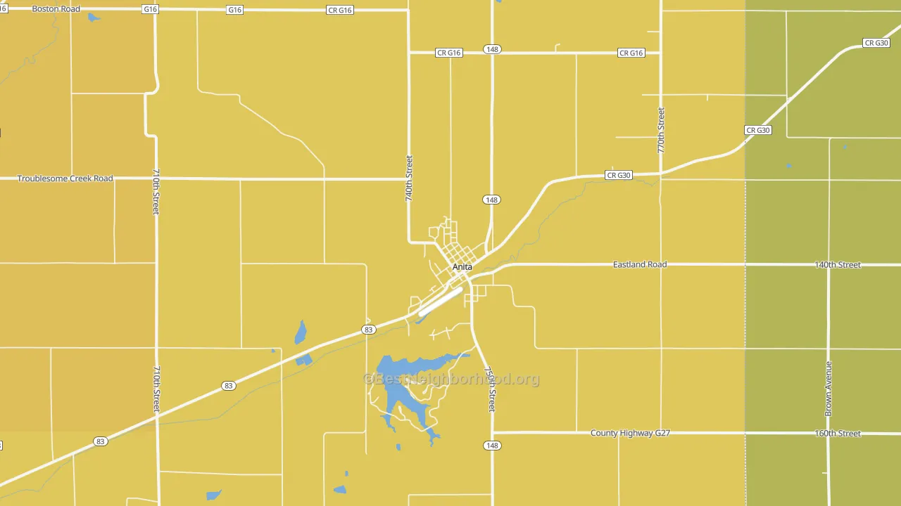 Map of the best neighborhoods in the Anita area, with better matches in green and worse matches in red