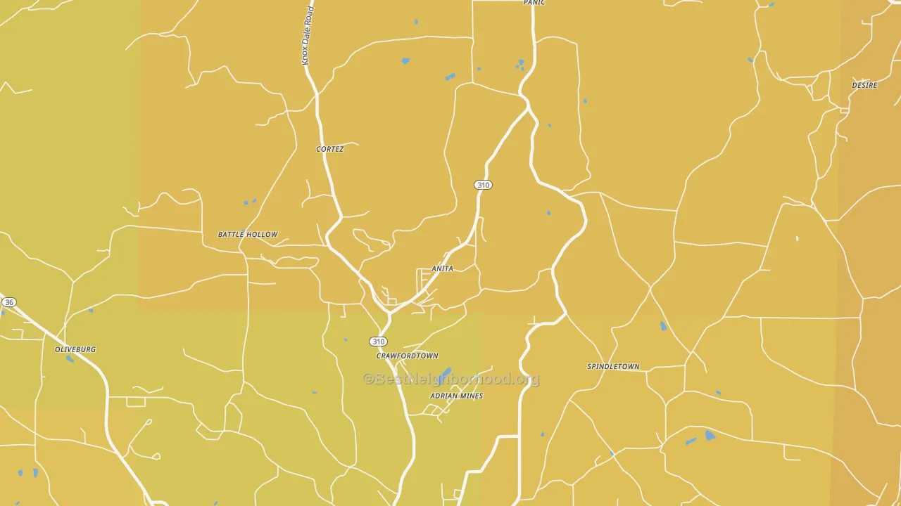 Map of the best neighborhoods in the Anita area, with better matches in green and worse matches in red