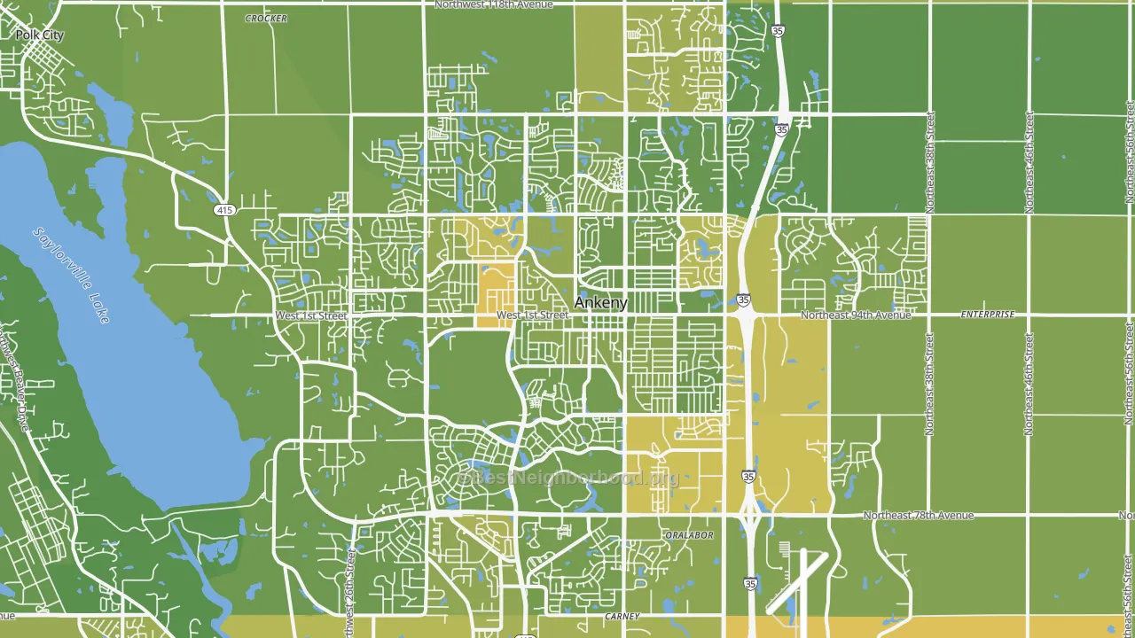 Map of the best neighborhoods in the Ankeny area, with better matches in green and worse matches in red