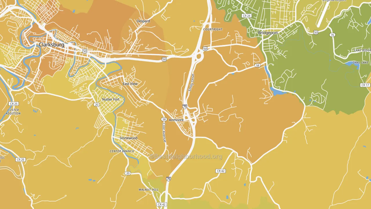 Map of the best neighborhoods in the Anmoore area, with better matches in green and worse matches in red