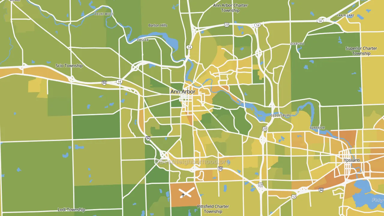 Map of the best neighborhoods in the Ann Arbor Metro area, with better matches in green and worse matches in red