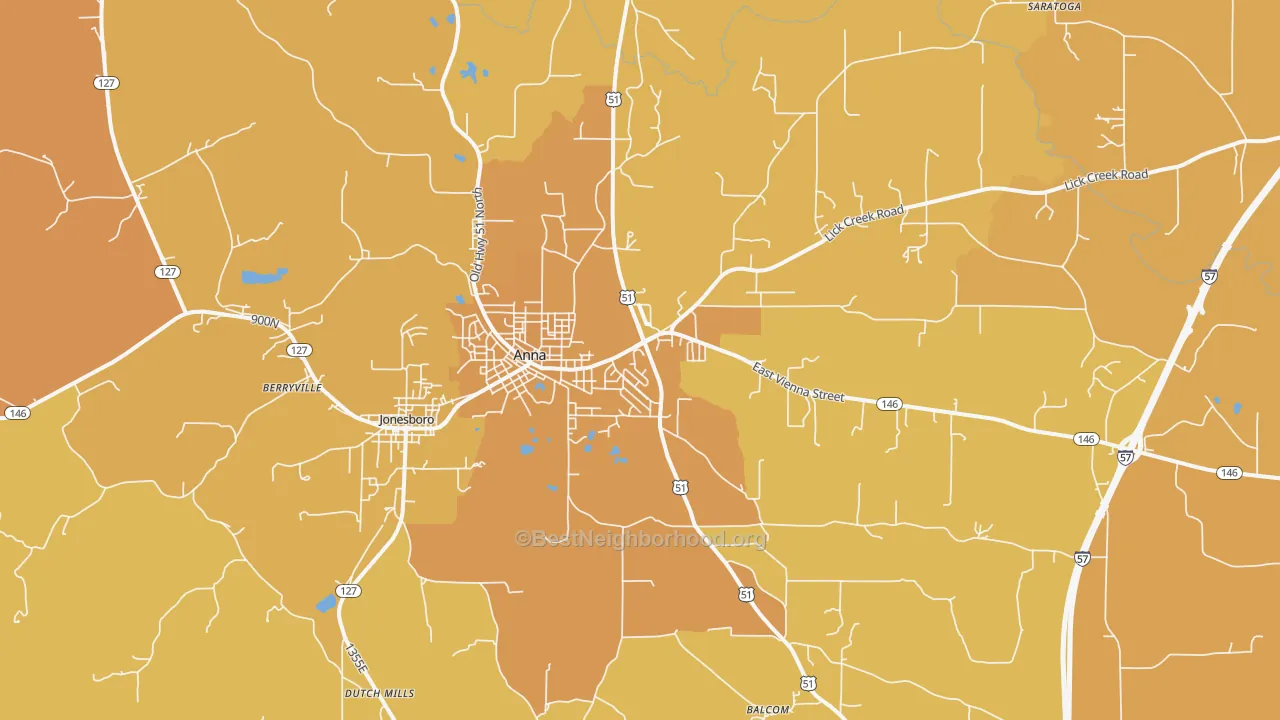 Map of the best neighborhoods in the Anna area, with better matches in green and worse matches in red