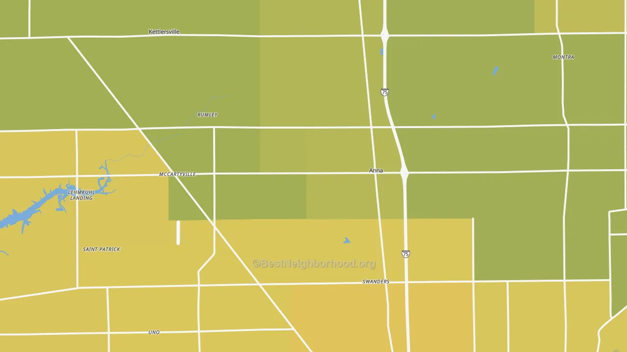Map of the best neighborhoods in the Anna area, with better matches in green and worse matches in red