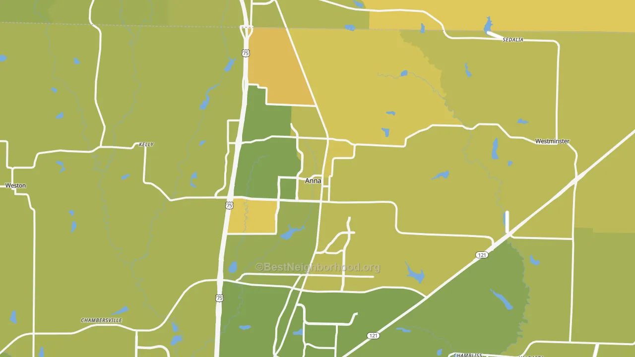 Map of the best neighborhoods in the Anna area, with better matches in green and worse matches in red