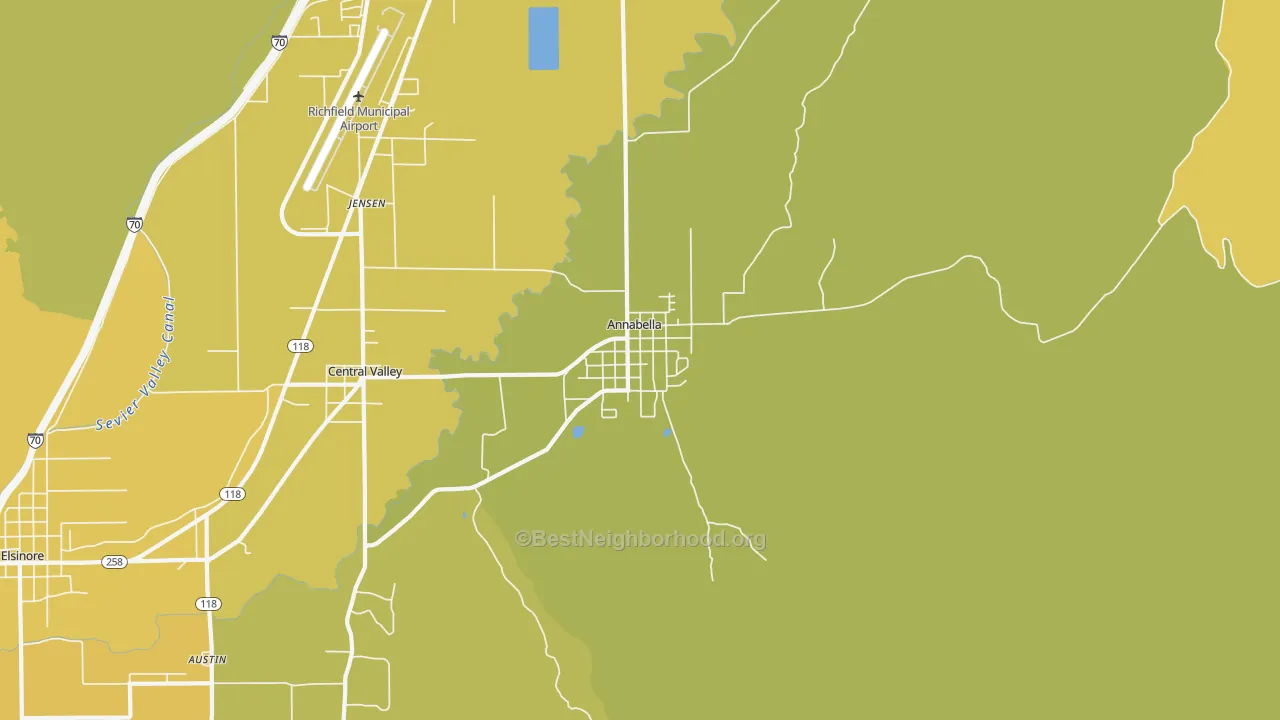 Map of the best neighborhoods in the Annabella area, with better matches in green and worse matches in red