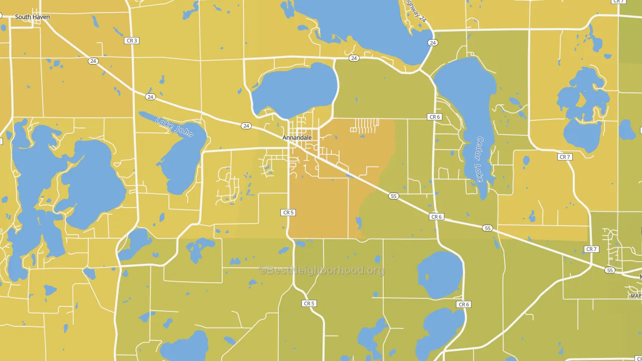 Map of the best neighborhoods in the Annandale area, with better matches in green and worse matches in red