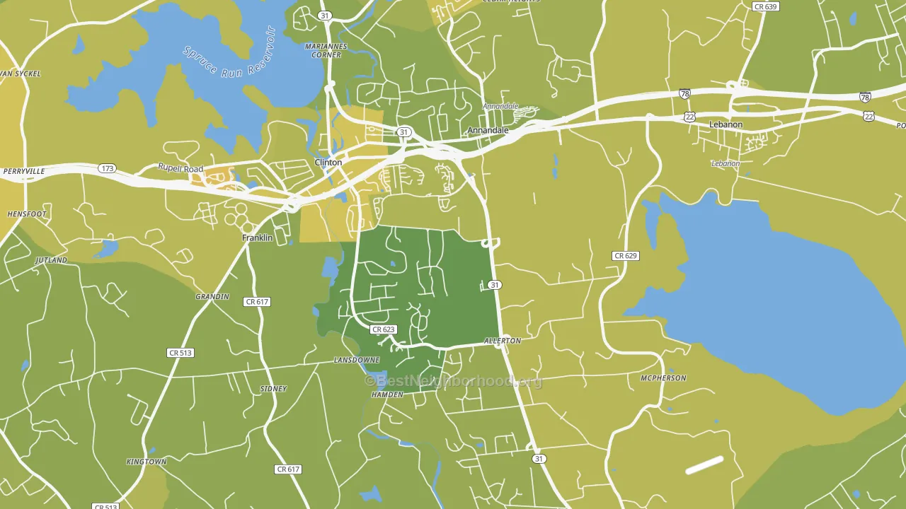Map of the best neighborhoods in the Annandale area, with better matches in green and worse matches in red