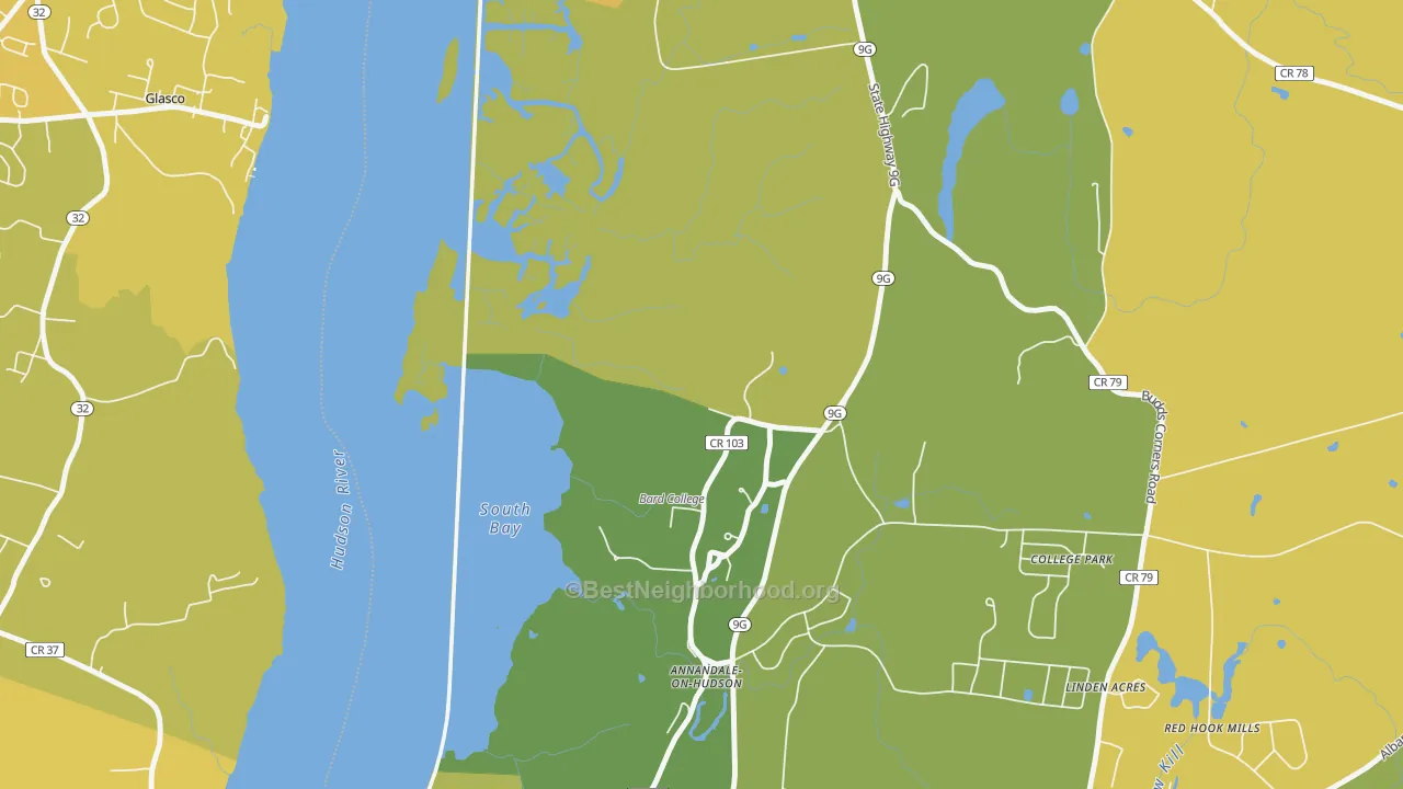 Map of the best neighborhoods in the Annandale On Hudson area, with better matches in green and worse matches in red