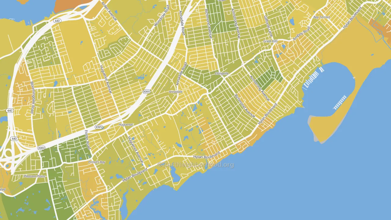 Map of the best neighborhoods in the Annandale-on-Hudson, Staten Island area, with better matches in green and worse matches in red