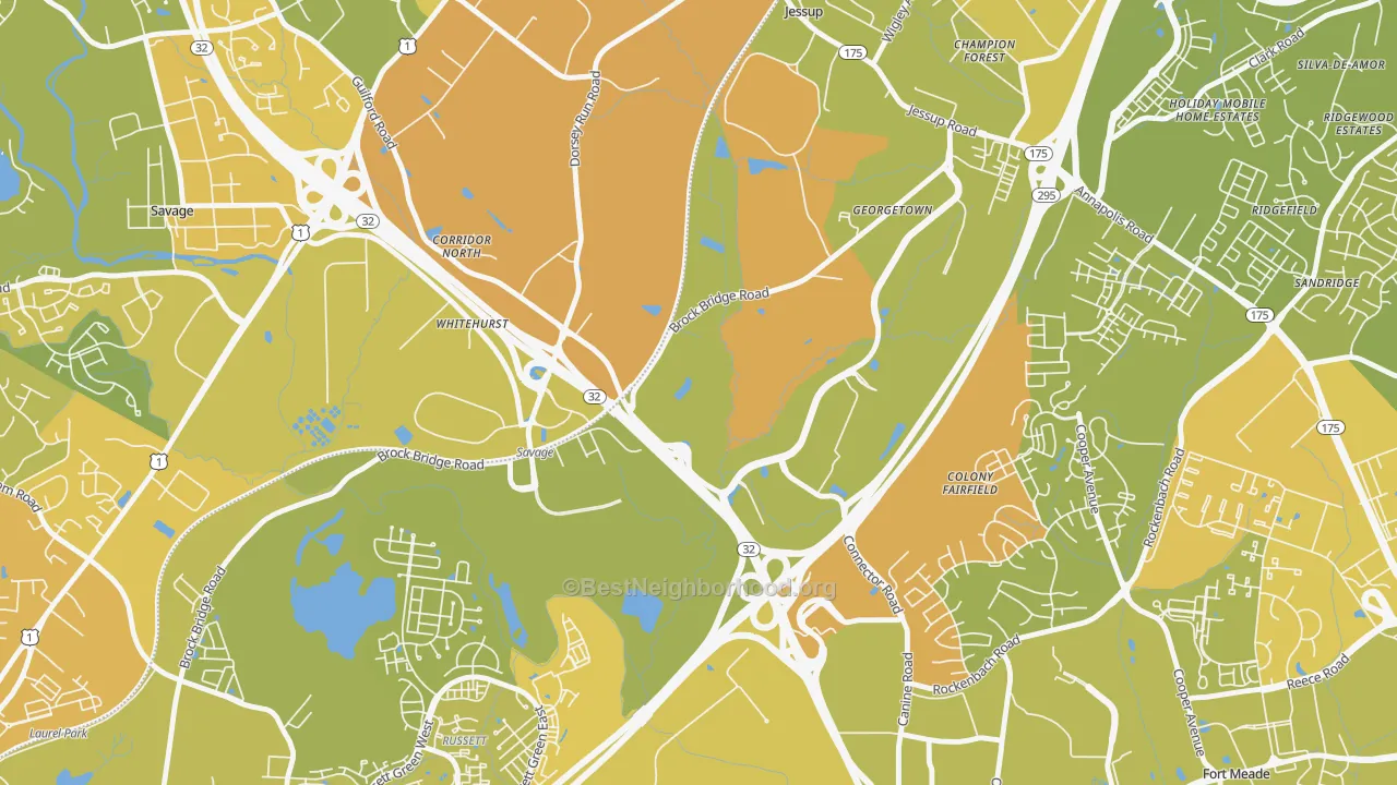 Map of the best neighborhoods in the Annapolis Junction area, with better matches in green and worse matches in red