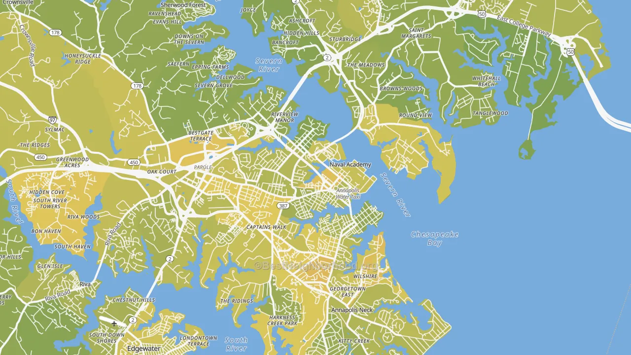 Map of the best neighborhoods in the Annapolis area, with better matches in green and worse matches in red