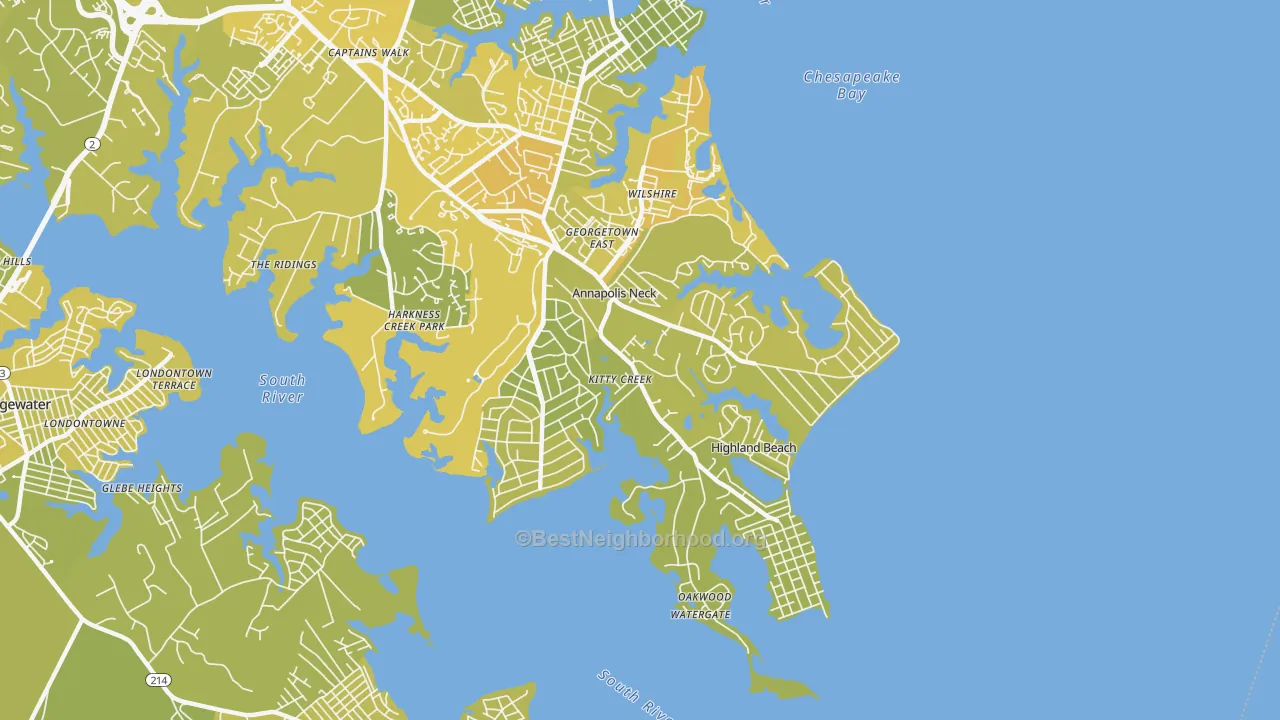 Map of the best neighborhoods in the Annapolis Neck area, with better matches in green and worse matches in red