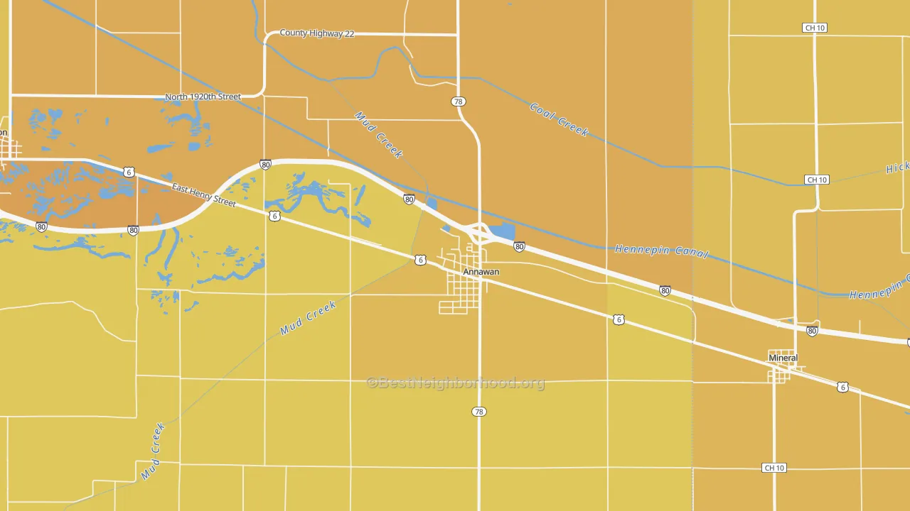 Map of the best neighborhoods in the Annawan area, with better matches in green and worse matches in red