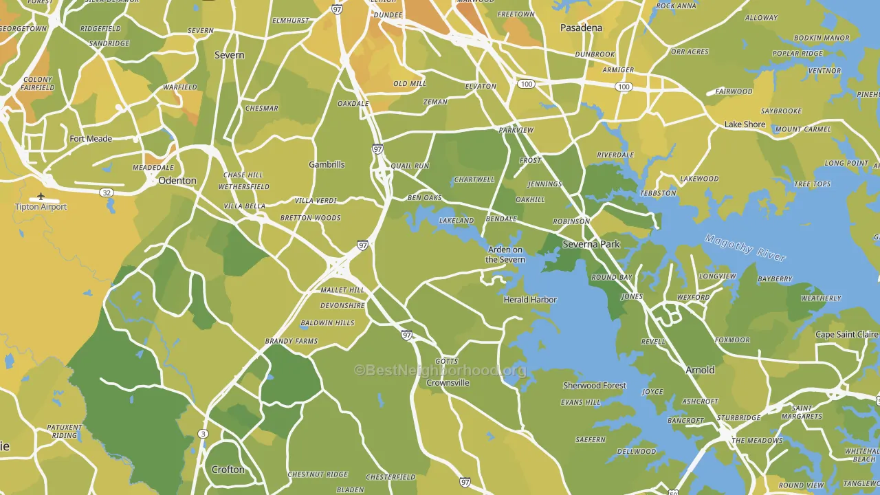Map of the best neighborhoods in the Anne Arundel County area, with better matches in green and worse matches in red