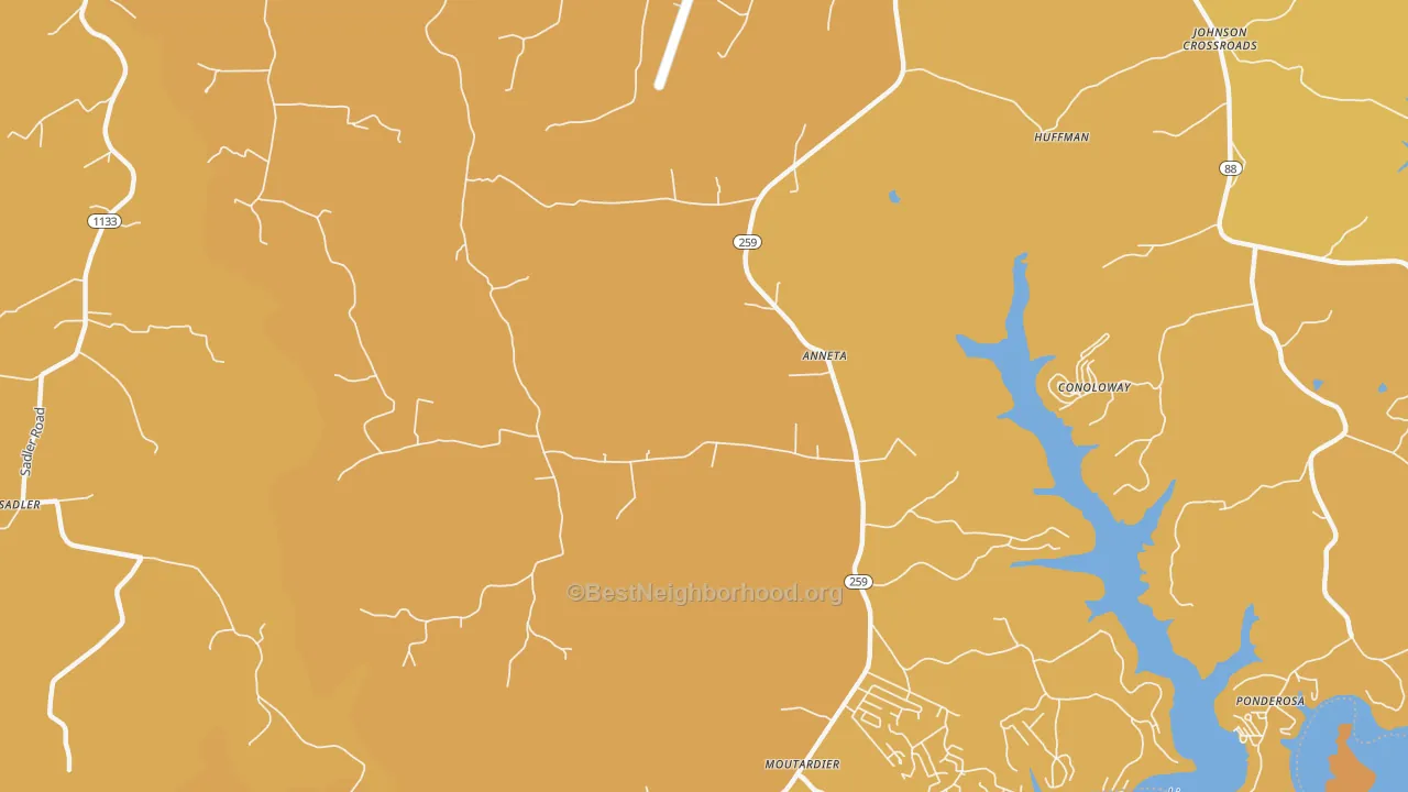 Map of the best neighborhoods in the Anneta area, with better matches in green and worse matches in red