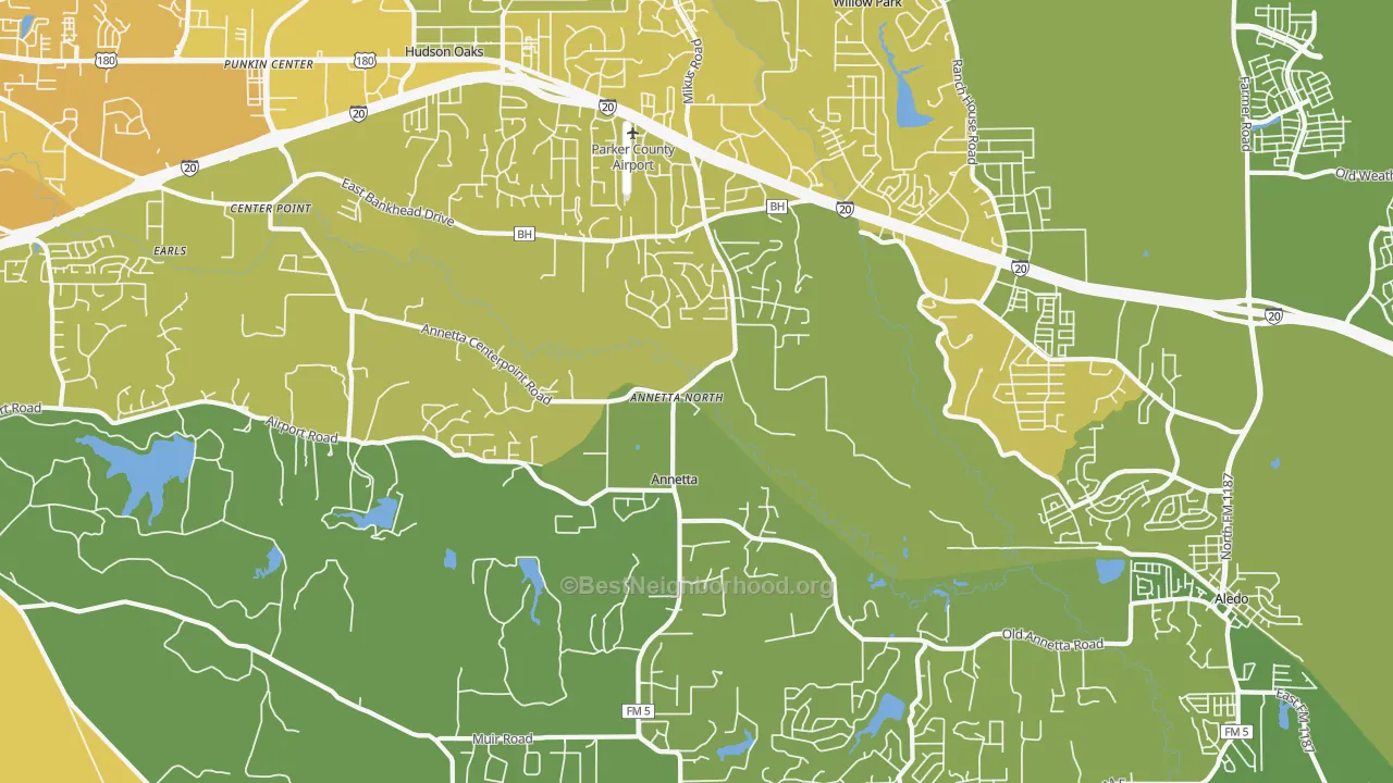Map of the best neighborhoods in the Annetta North area, with better matches in green and worse matches in red